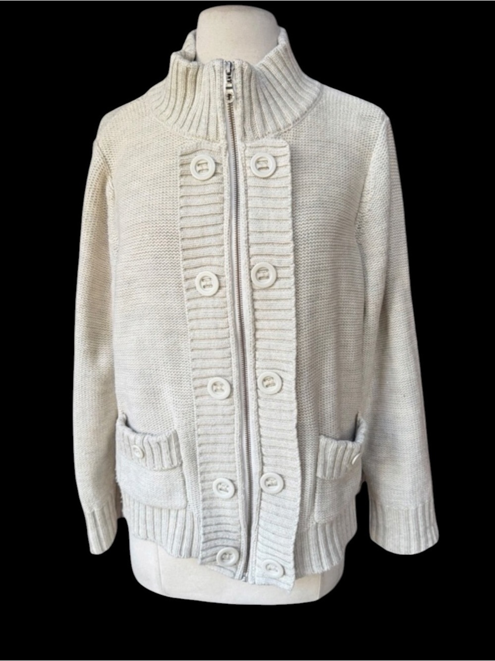 Y2K Sonoma Oversized Oatmeal-Beige Acrylic Blend Metallic Flecked Full Zip Cardi